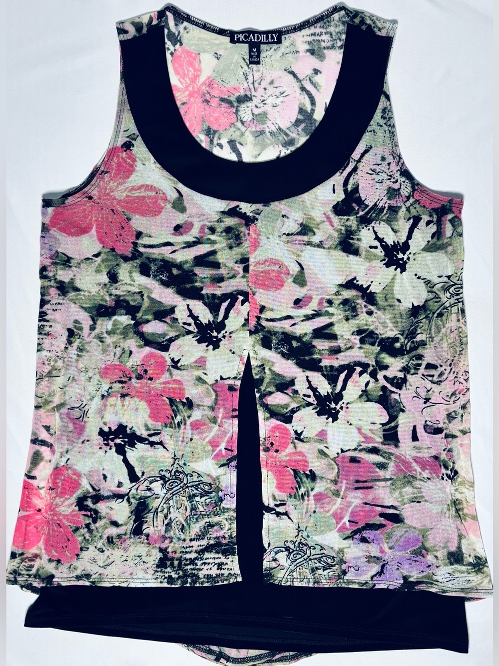 Picadilly Sleeveless Tank Pink Green Floral Sheer Overlay Women's Med EXCELLENT